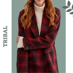 Tribal Red Black  Plaid Collared Jacket Single Breasted Size Small